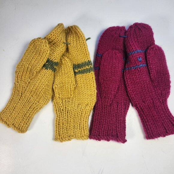 Hand Knit Mittens Lot of Womens 8.5" Long Burgundy Blue & Yellow & Green - Picture 2 of 4